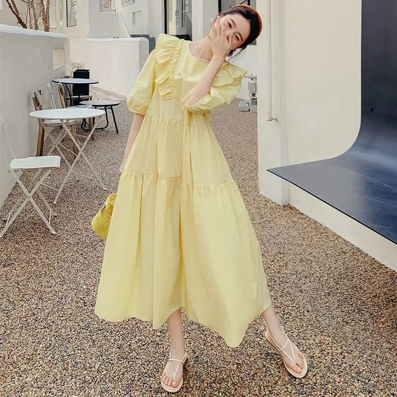 

Summer Korean Pleated Solid Color O-neck Puff Sleeve Midi Dress Femme Sweet Patchwork Loose Casual Dresses Women Clothing Z4`9