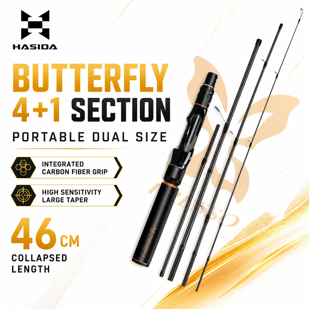 Удочка HASIDA Butterfly Limited, 5 секций, спиннинговая/кастинговая, для микроприманок, 123-184 г, универсальная, карбоновая, портативная, Pale Chub