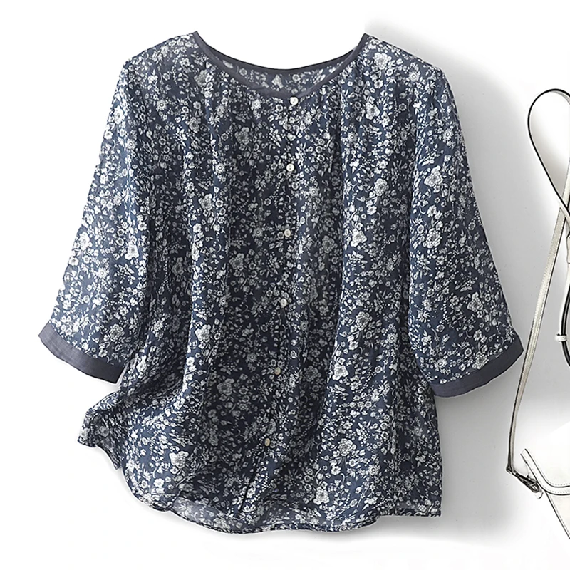 

Японский хлопковый льняной топ с цветочным принтом ort Sve, женская летняя модная свободная утягивающая кукольная блузка, круглая повседневная блузка