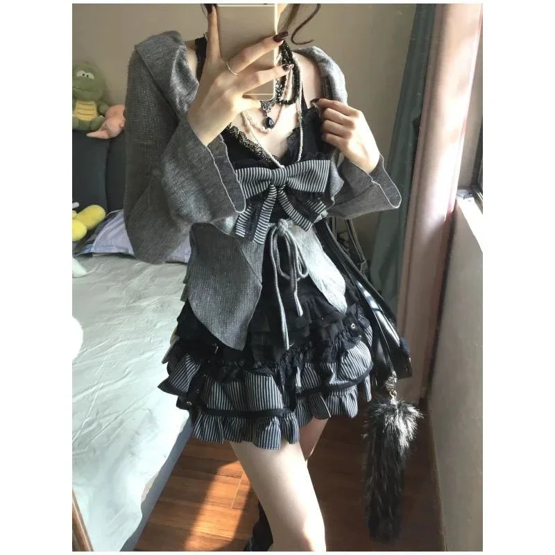 Japanese Kawaii Lolita Sweet 3 Piece Set Women Bow Y2k Slim Vest +Casual Cardigan + High Waist Thin Striped Chic Skirt Autumn