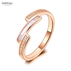 JeeMango New Titanium Stainless Steel Pave Setting Rhinestone Rings Jewelry Simple Geometry Shell Ring For Women Girls JR21008