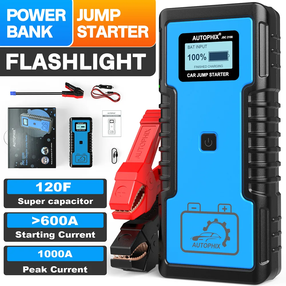 Autophix JSC2100 Auto-Starthilfe Tragbarer Superkondensator 120F 12V Batterieloser Auto-Booster Batterieladegerät Powerbank 1000A