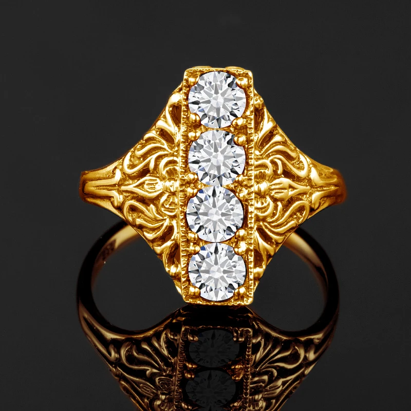 

Yellow Gold 4 Stones Moissanite Ring 1.2CT 4mm Luxury Design Diamond Jewelry High Quality Wedding Woman Gift With Certificate