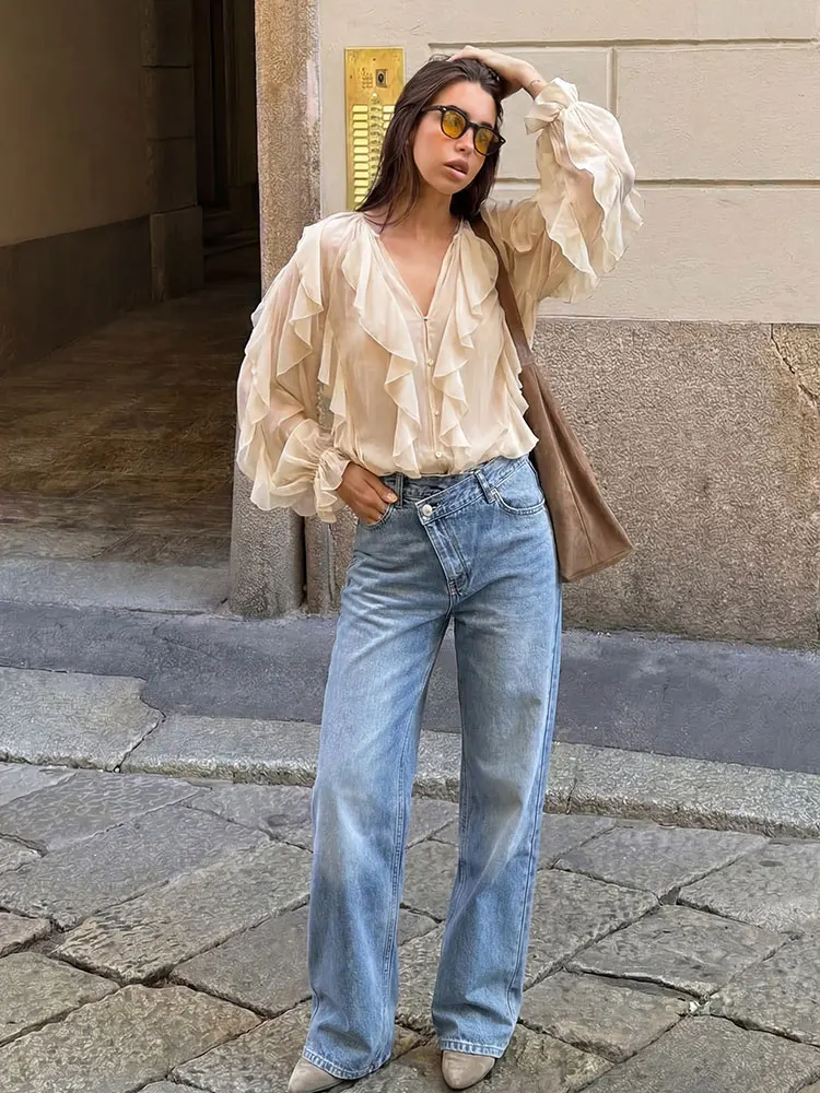 HH Women Fashion Asymmetrical Waist Wide Leg Jeans High Waist Loose Fit Denim Pants In 4 Colors For Casual Daily Streetwear