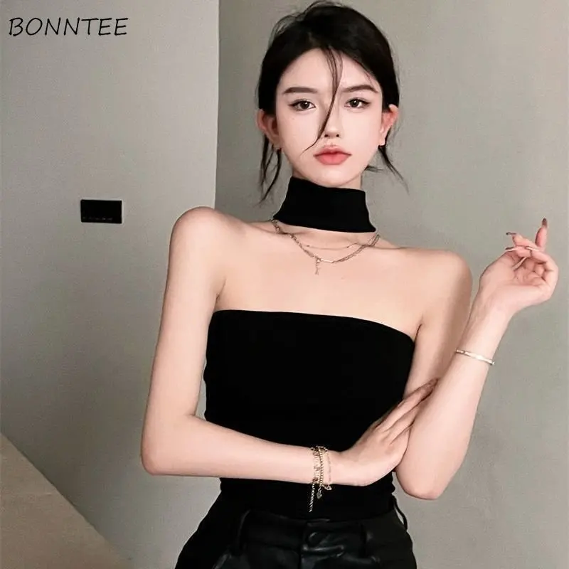 Strapless Tanks Women Crop Tops Slim Pure Backless Hotsweet Chic Tender Korean Style Simple Sleeveless All-match Summer Casual