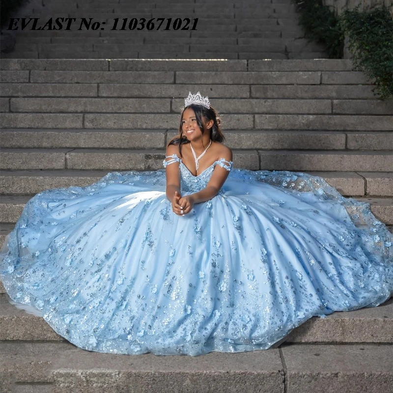 EVLAST Customized Mexican Blue Quinceanera Dress Ball Gown Floral Applique Beading Corset Sweet 16 Vestidos De XV Anos SQ340