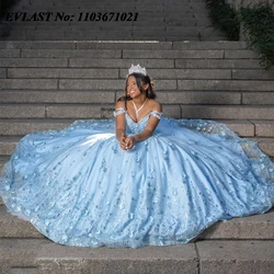 EVLAST Customized Mexican Blue Quinceanera Dress Ball Gown Floral Applique Beading Corset Sweet 16 Vestidos De XV Anos SQ340