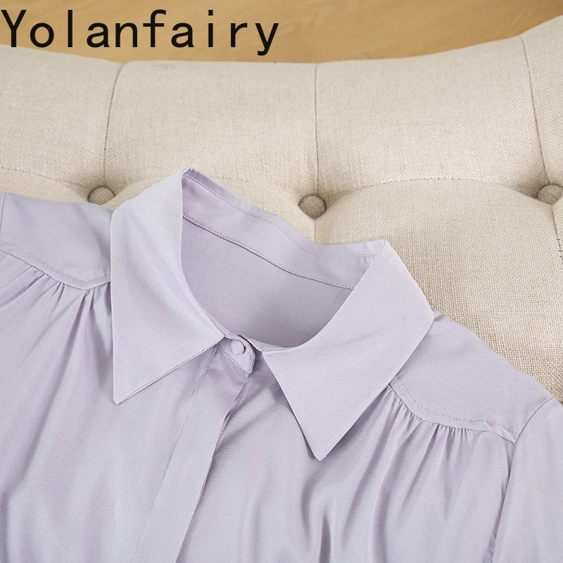 YOLANFAIRY 93% Real Mulberry Silk 7% Spandex Women Shirt Elegant Pleated Long Sleeve Tops Elegant Shirts Dames OL Purple Shirt