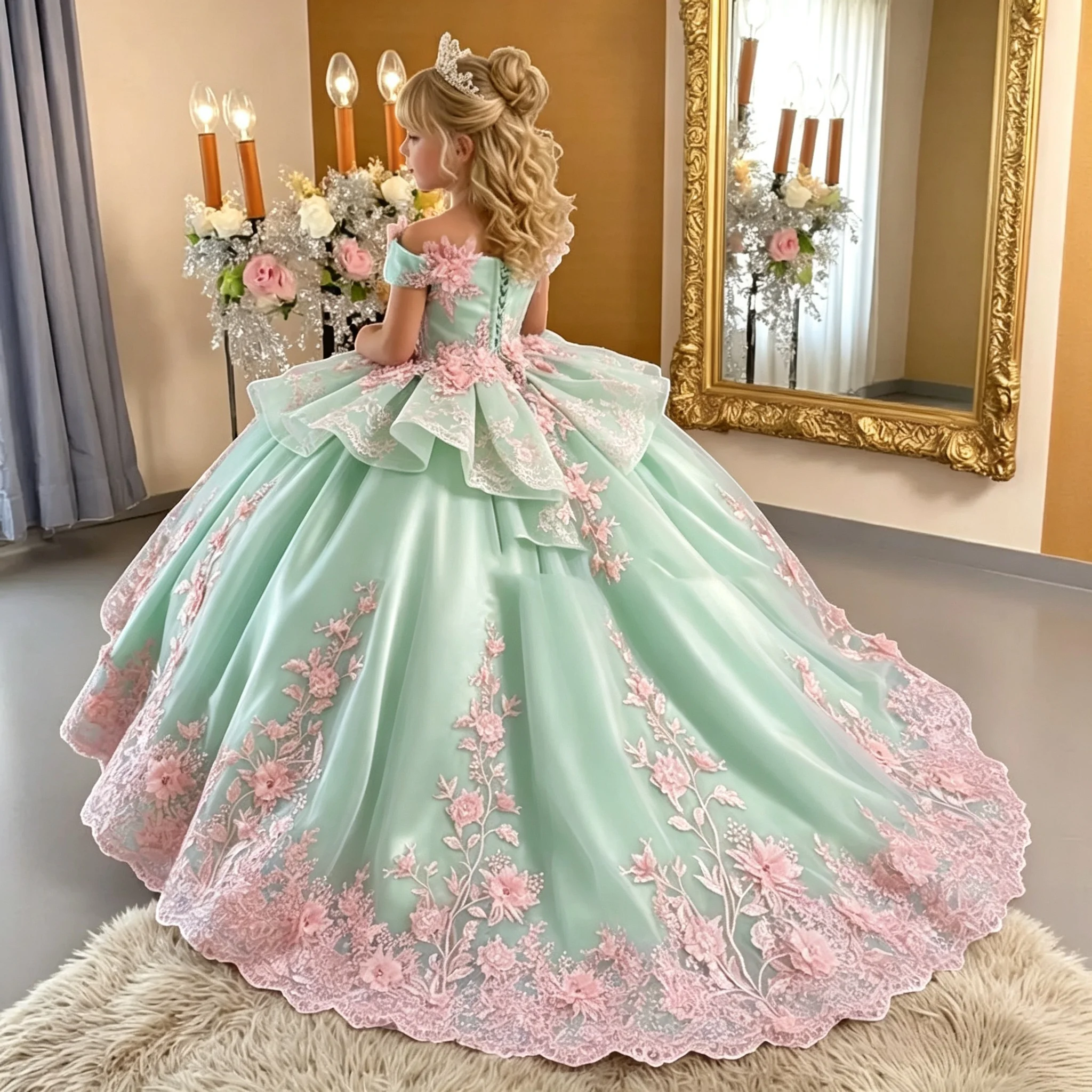 Tulle Tiered Flower Girl Dress for Wedding Kids Off the Shoulder Ball Gown Appliques Birthday 2026 First Communion Dress Custom
