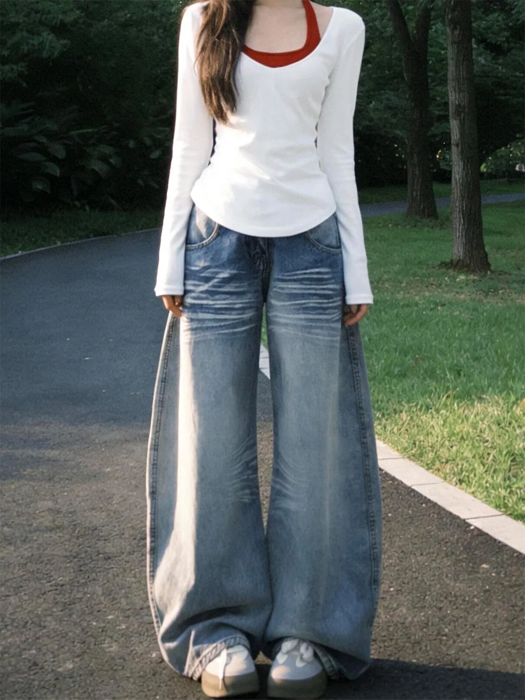 

Джинсы с высокой талией и широкими штанинами, женские, в ретро-стиле, облегающие, синие, из денима, летние, новинка, большие размеры