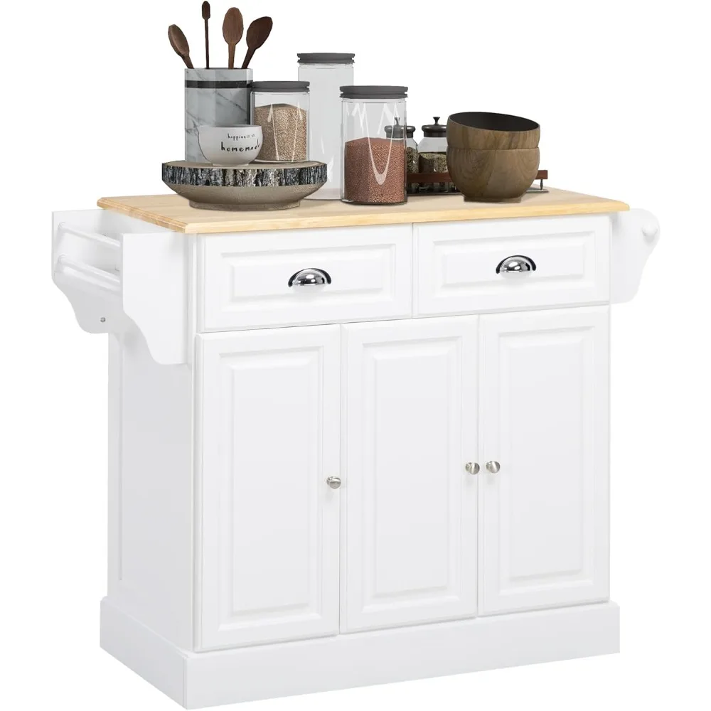 Triple-Cabinet Kitchen Island on Wheels, Kitchen Storage Cabinet with Drawers & Countertop, Rolling Utility Cart with Wood Top,
