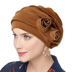 2024 New Women's Solid Color Hijab Muslim Ladies Turban Bonnet Flower Decor Ramadan Head Wrap Head Scarf Indian Hats