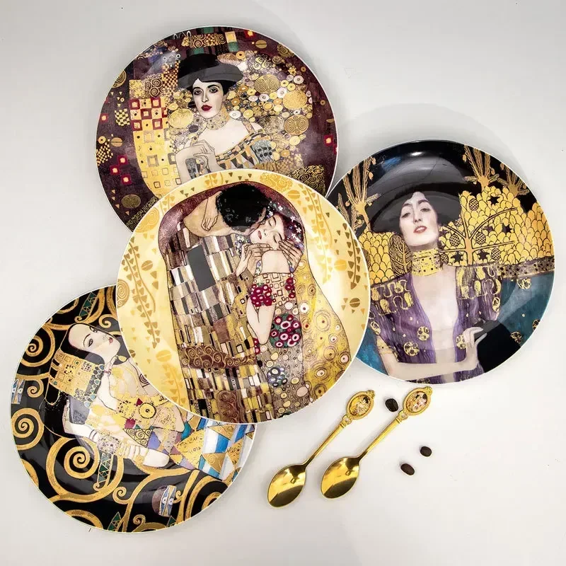 Klimt Kiss-Oil Painting Art Decorative Plate, Wall Hanging Plates, Porcelain Fruit Dessert Dining Plate,Home Decoration, 8-inch - view 6