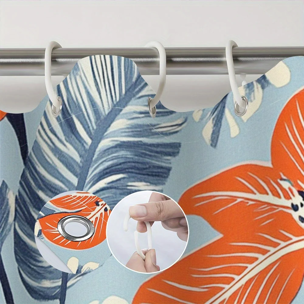 1pc Tropical Lilies Shower Curtain - Vibrant Orange Lilies & Cream Hibiscus on Light Blue with Blue Leaves, 70x70 Inches,