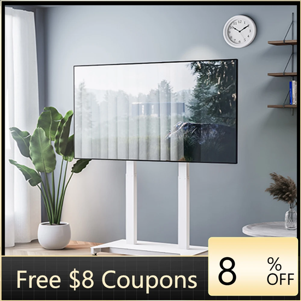 

White Mobile TV Trolley with Wheels for 52 84 Inch LCD TV Height Adjustable Mechanism Motorized Tv Cart