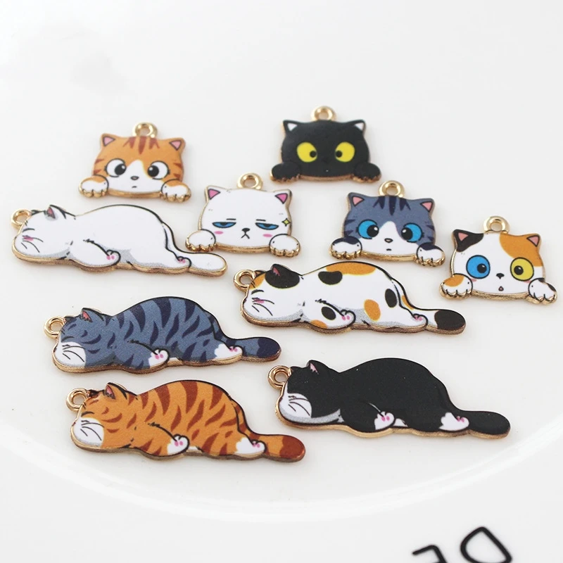 Cute Cat Metal Charm Pendant 20pcs Cartoon Animal Kitten Enamel Charms Kawaii Gold Earrings Making Accessories DIY Findings image 3