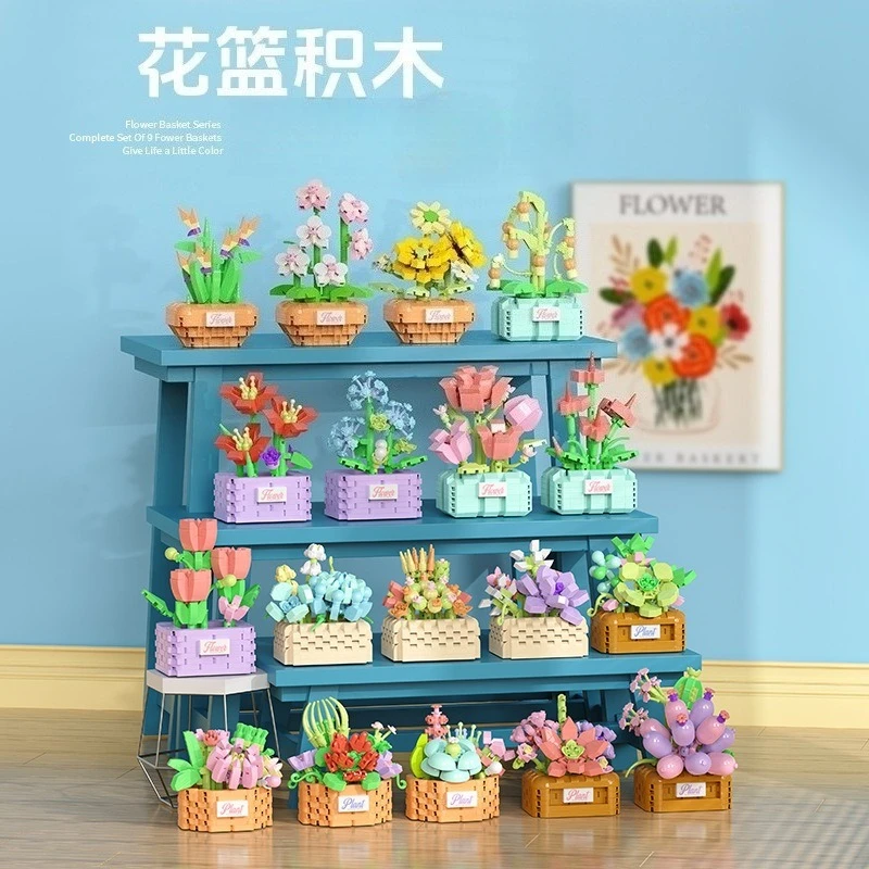 Succulent Flower Basket Model Building Blocks Kit Assembled Flowers Decoration Ornament Toy Girl Mother's Day Teacher's Day Gift