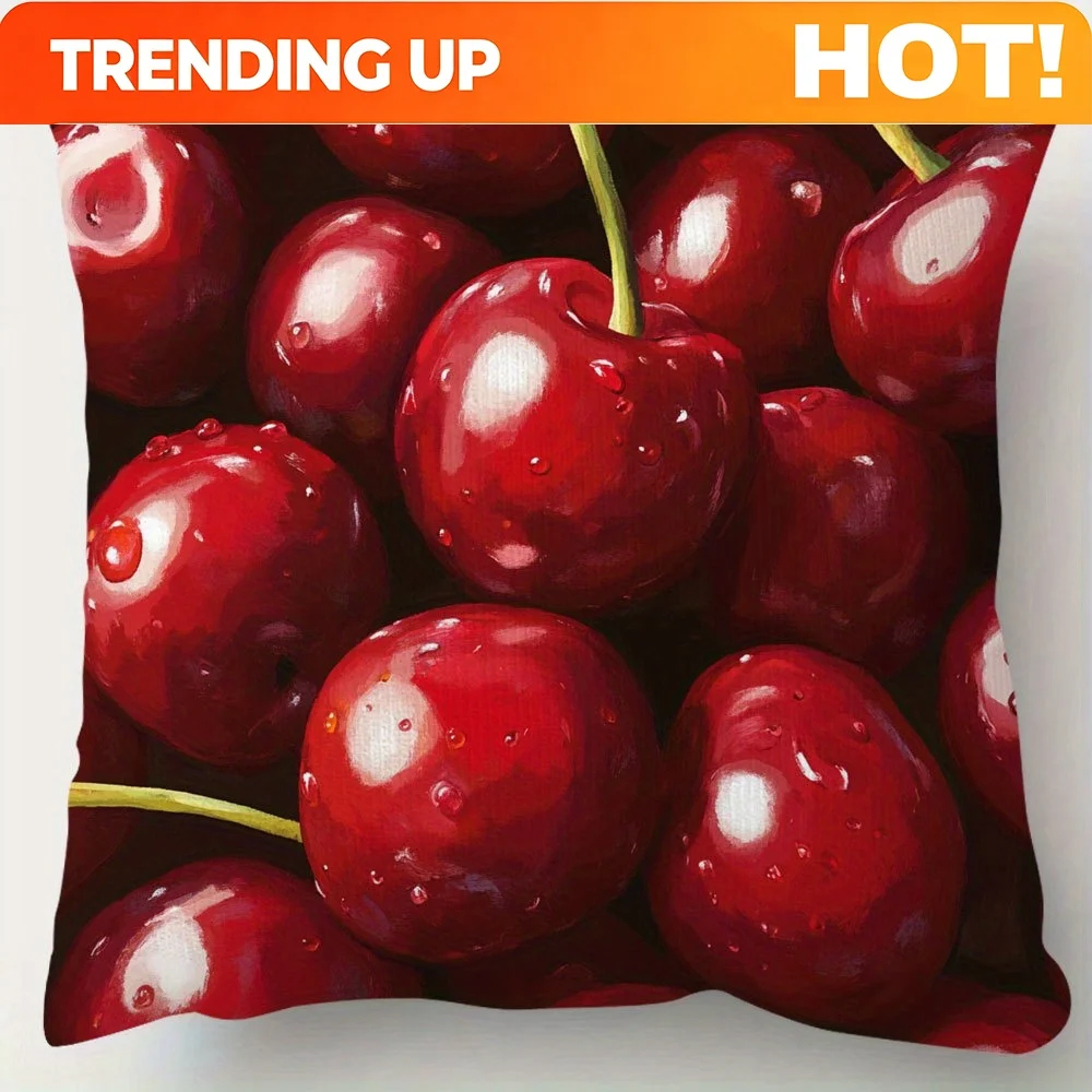 Customize 1pc Double-Sided Decorative Pillow Cover Featuring a Juicy Cherry Fruit Pattern, Measuring 18 Inches by 18 Inches, Sui