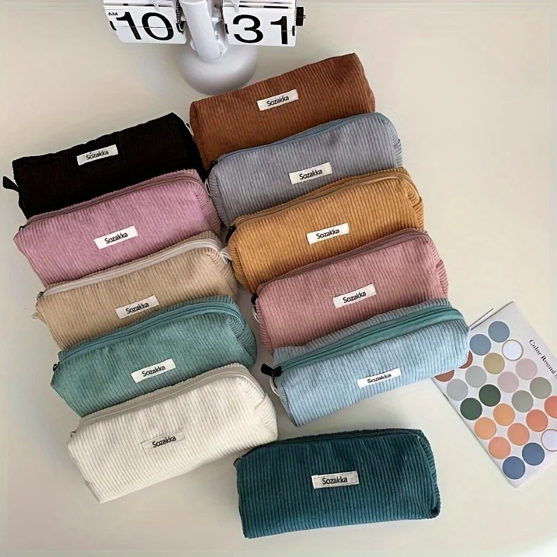 1pc Corduroy Toiletry Bag - Cute Vintage Style, Washable Cosmetic Organizer with Zipper Closure | Lightweight | Machine Wash