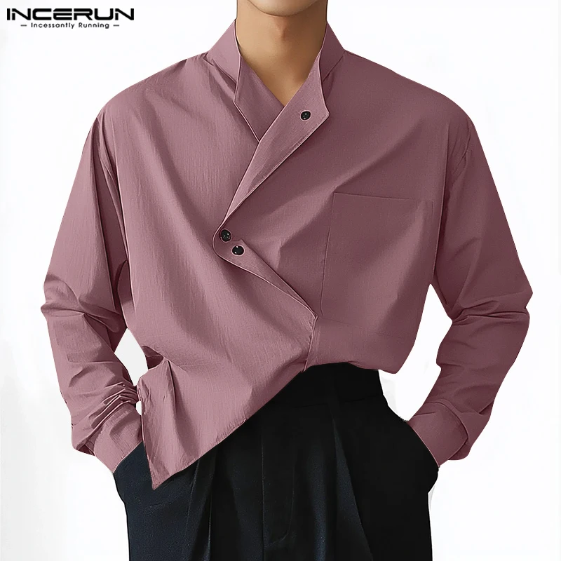 

INCERUN Men Irregular Shirt Stand Collar Long Sleeve Korean Style Men Clothing Solid Color Streetwear Pockets Oversize Male Tops