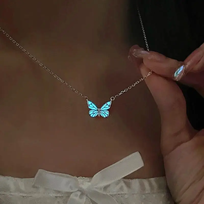 Shiny Glowing Blue Butterfly Clavicle Chain Elegant Jewelry for Women Wedding Bridesmaid Accessory Gift
