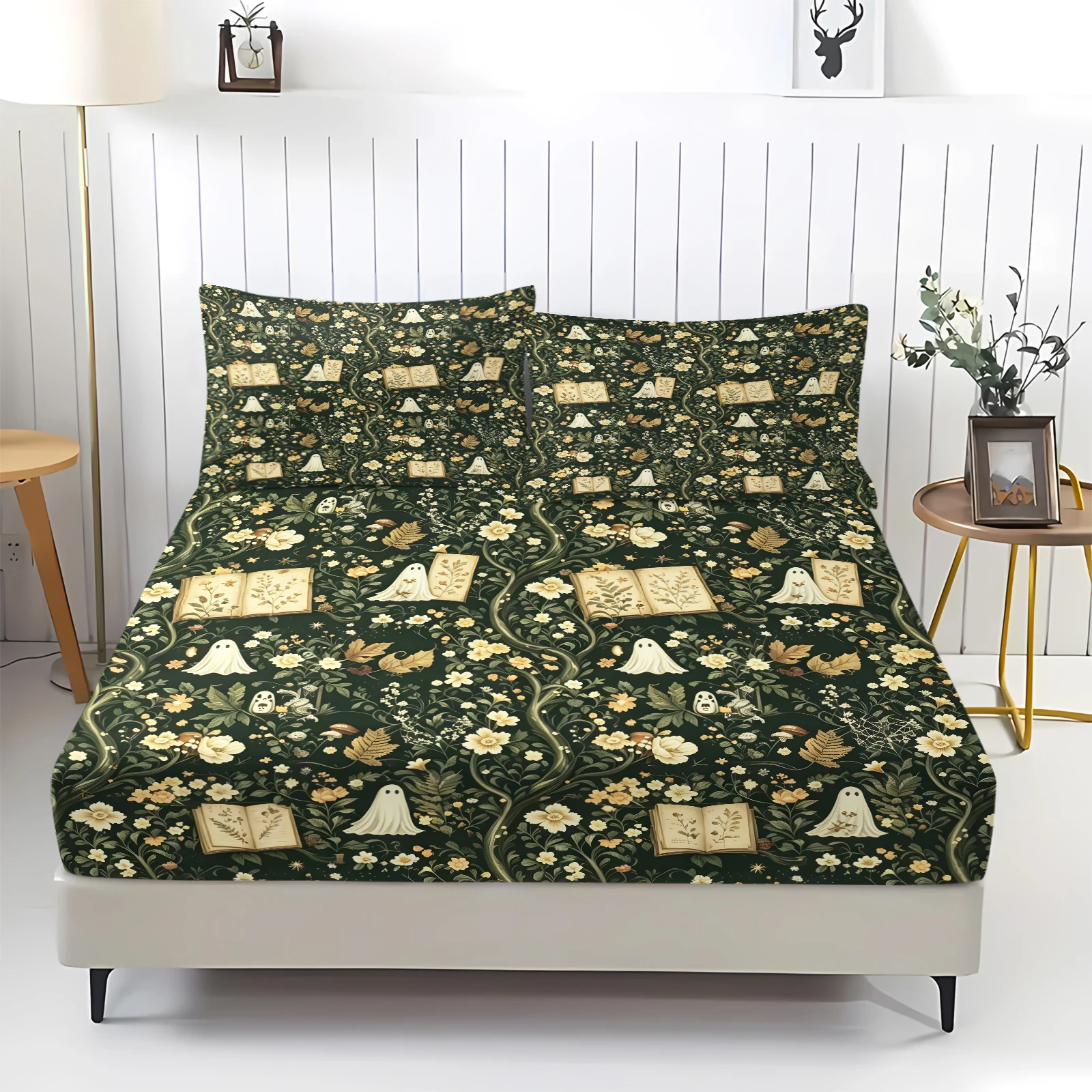 Cottagecore Ghost Floral Fitted Sheet Set Vintage Botanical Elastic Deep‑Pocket Bed Sheet Gothic Halloween Home Bedding Decor