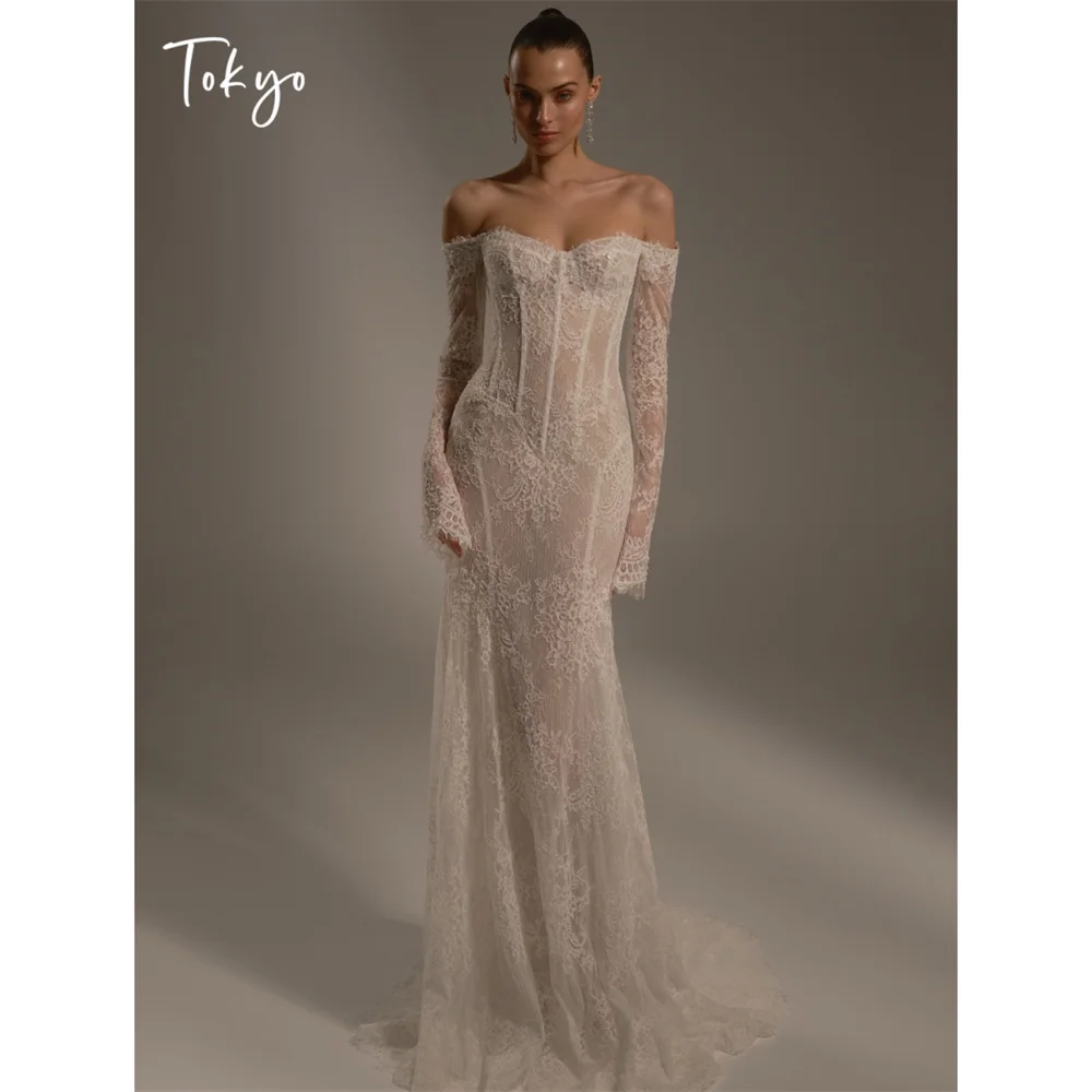 Tokyo Off Shoulder Long Sleeves Wedding Dress Floral Lace Sheer Corset Reception Dinner Vintage Style Bodycon Fit Bridal Gown
