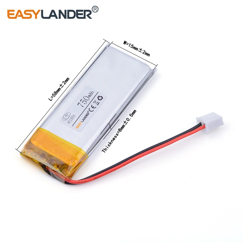JST2.54 2P 3.7V 750mAh 801558   แบตเตอรี่ลิเธียม Li-ion Li Polymer แบบชาร์จไฟได้