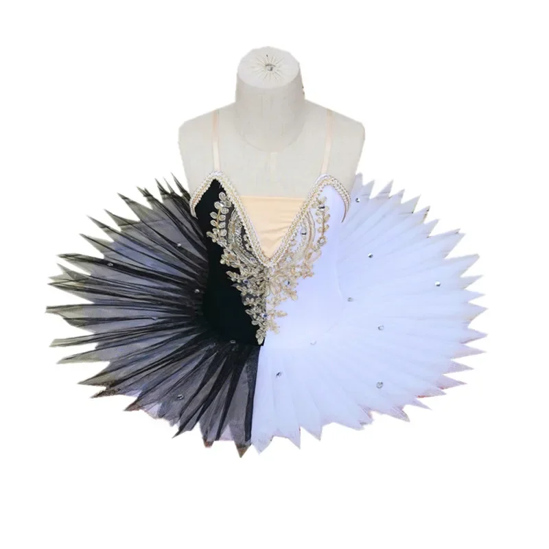 Ballet Tutu profissional para meninas, preto e branco, trajes de dança do Lago dos Cisnes, vestido panqueca para crianças e crianças, bailarina para criança