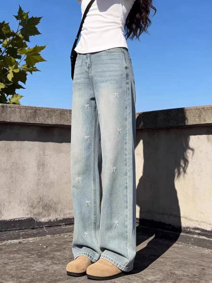 

Loose High Waist Straight Leg Blue Embroidered Denim Jeans for Women Spring Summer Comfortable Breathable Casual Wide Leg Pants