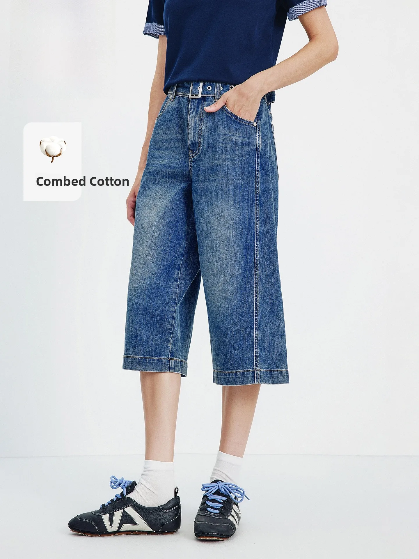 

Navigare Spring New Loose Feel Micro Stretch Women's Jeans Wide Leg Seven-Foot-Mid-Pant Retro Sle l Waist Button Closure