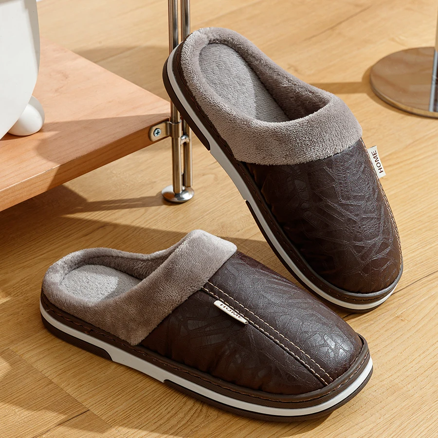 

Men's Simple Big Size Bedroom Non-slip Slippers Comfy Winter Fashion Indoor Warm Casual PU Waterproof Plush Home Couples Shoes