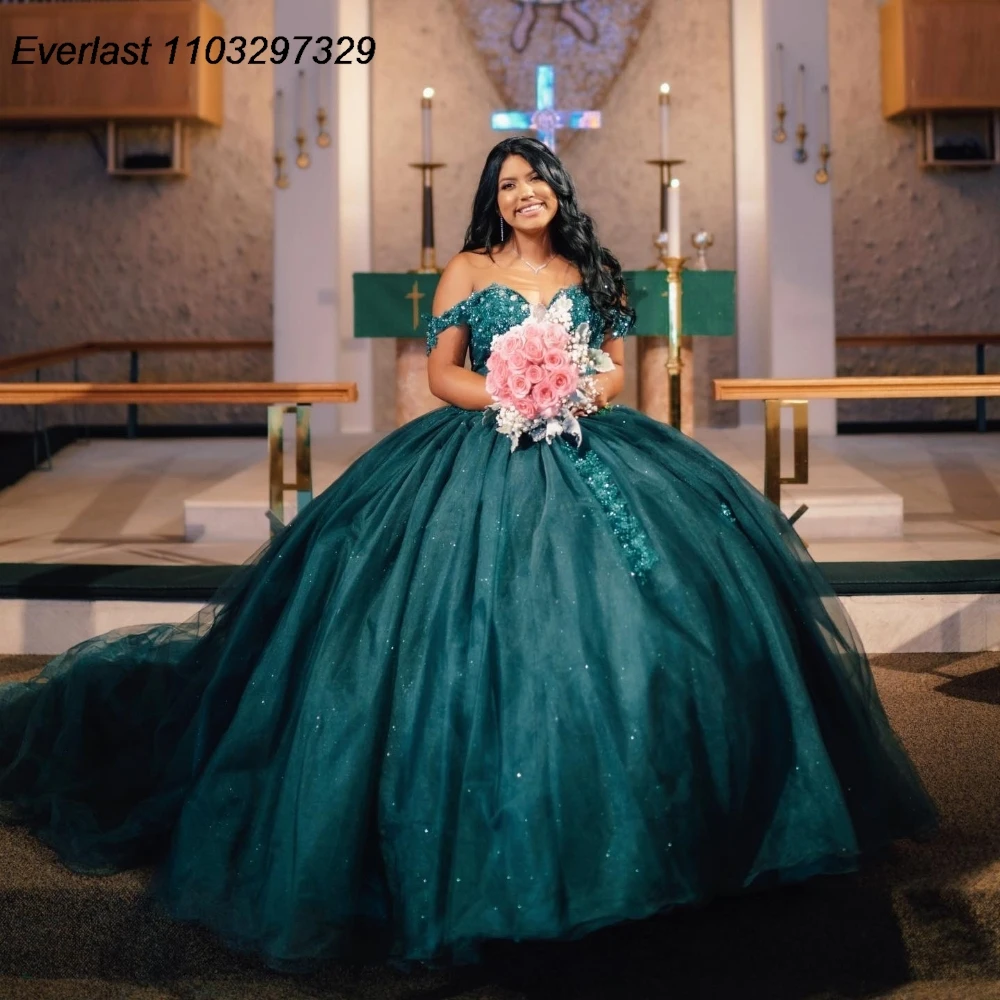 

EVLAST Mexican Emerald Green Quinceanera Dress Ball Gown Shiny Lace Applique Beading Corset Sweet 16 Vestido De 15 Anos TQD940