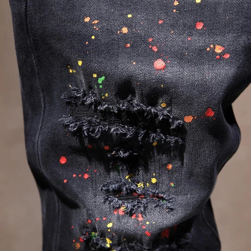 Street Designer Fashion Men Jeans Black Stretch Slim Fit Painted Ripped Jeans Men Embroidery Patched Hip Hop Vintage Denim Pants
