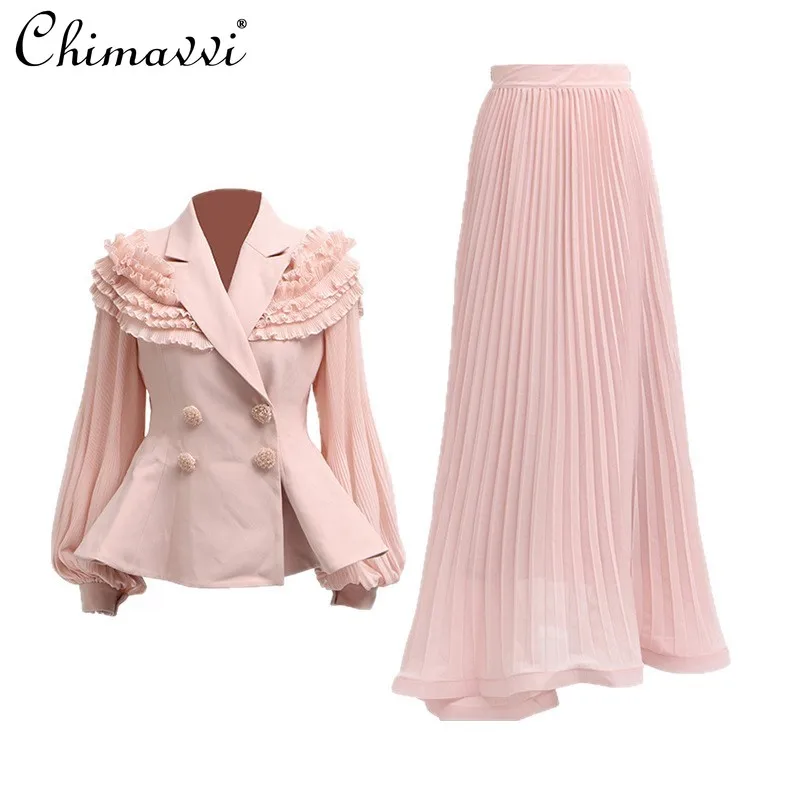 

High-end Women's Outfits Spring Autumn New Long-sleeve Cinched-waist Blazer High-waisted Midi Skirt Elegant Commuter Two-piece