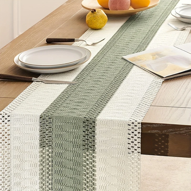

Hollow Out Stripe Knitting Table Runner Bohemia Cotton Linen Table Cloth Handmade Crochet Tassels Table Cover Dining Table Decor