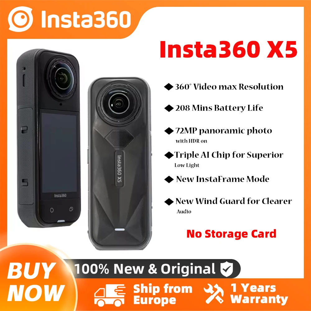 Insta360 X5 Action Camera 2025 New 8K 30fps Replaceable Lenses Triple AI Chip Superior Low Light 185 Mins Run Life Insta 360 X5