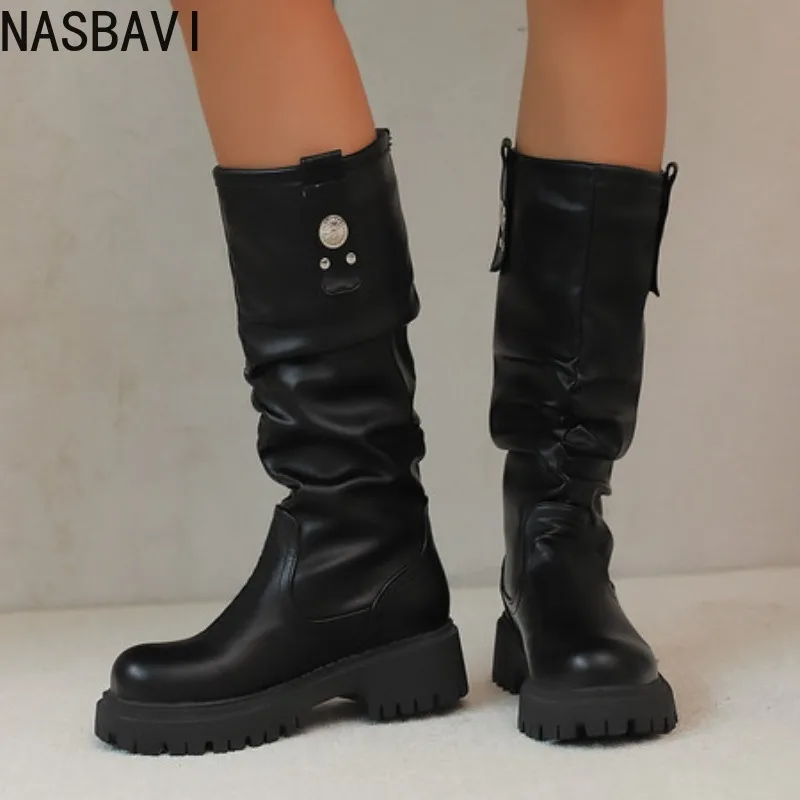 

Ковбойские сапоги в стиле вестерн, женские сапоги до середины икры на массивном каблуке с высокой трубкой и толстой подошвой, весенне-осенне-зимние сапоги до середины икры для верховой езды