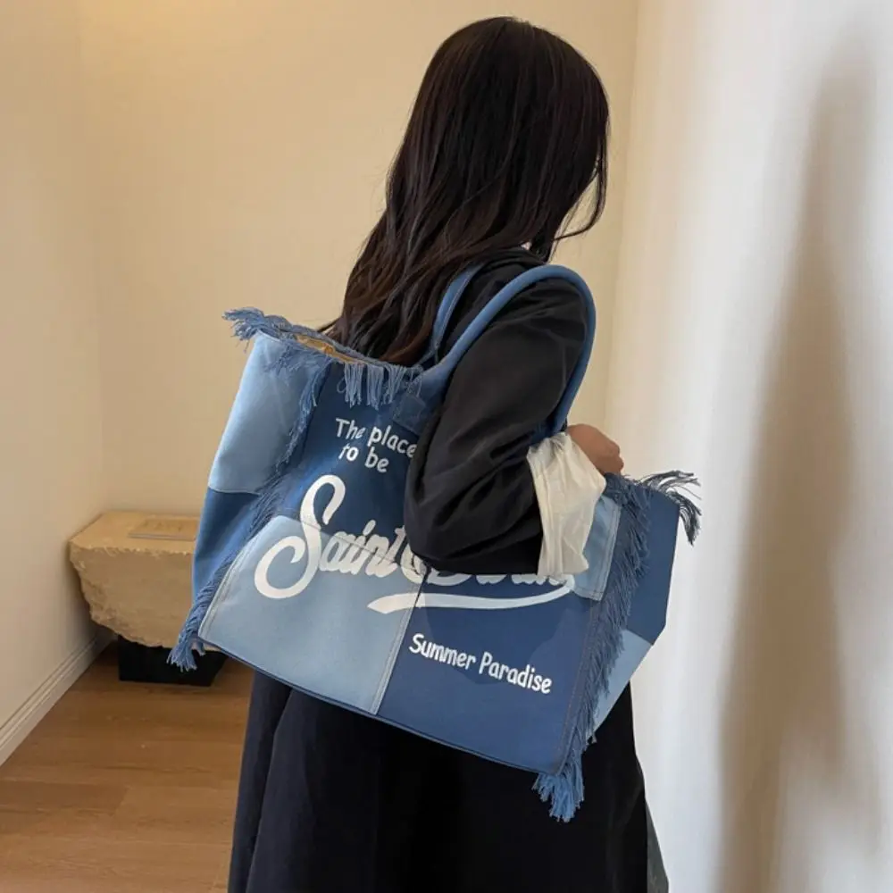 Fashion Tassel Design Women Canvas Bag Large Capacity INS Casual Shoulder Bag Simple Style High Quality Beach Tote Bag Vacation image 3