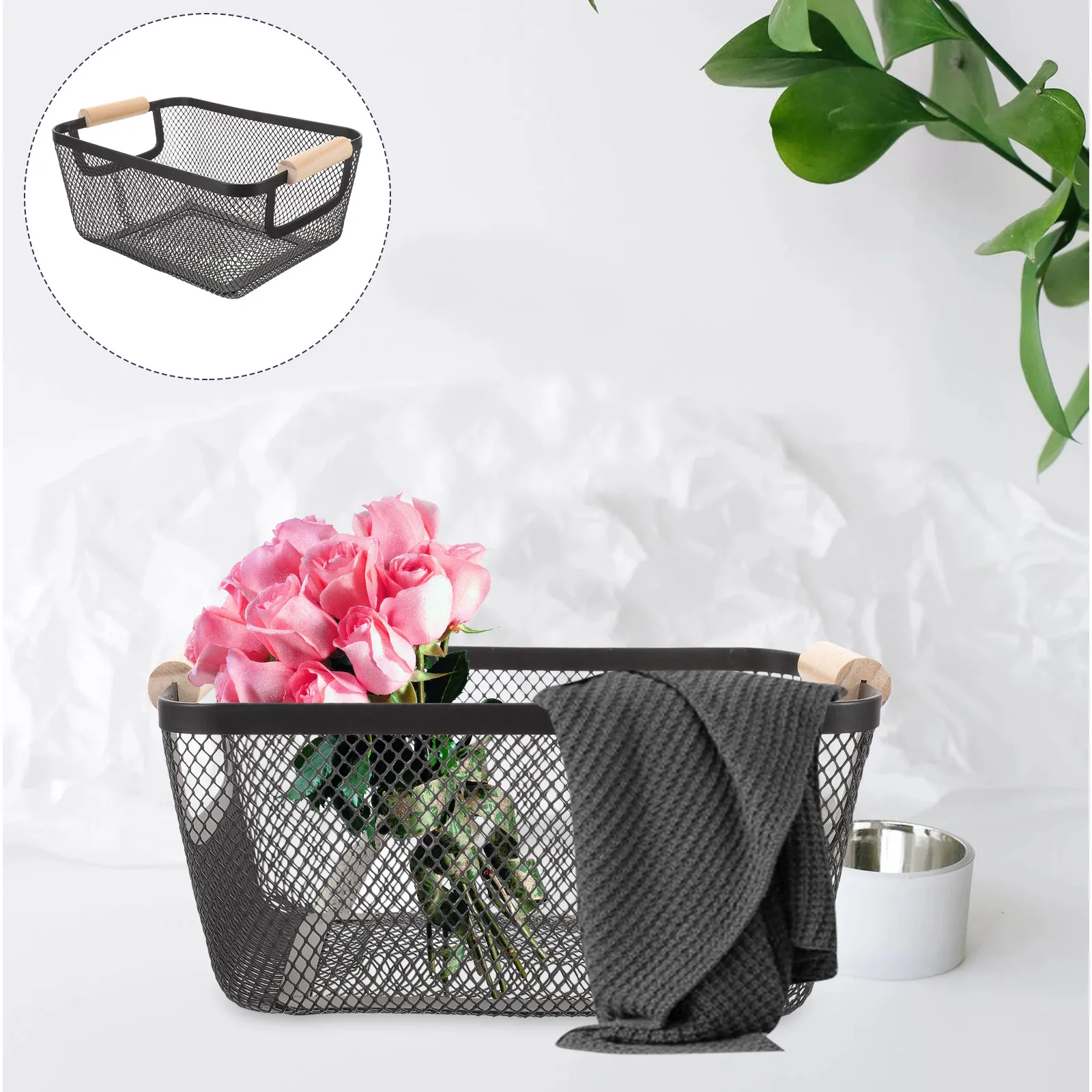 

Metal Mesh Basket Wooden Handle Storage Organizer for Bathroom Shelves Wire Baskets Long Rectangle Nordic