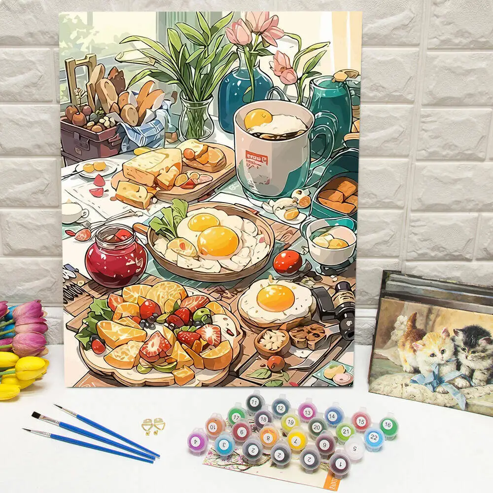 Pintura al óleo digital DIY, pintura de huevos por números, dibujo de frutas por números, pintura acrílica sobre lienzo, kits de decoración de cocina-f