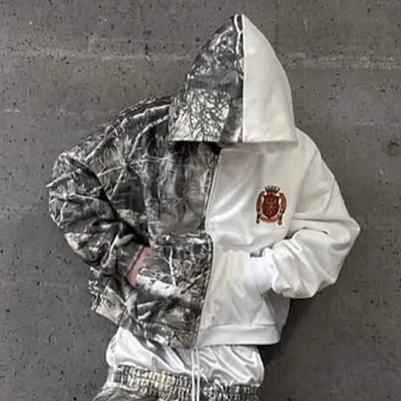 Y2k camo costura logotipo bordado manga longa cardigan hoodie europeu americano moda vintage rua solta moletom casual