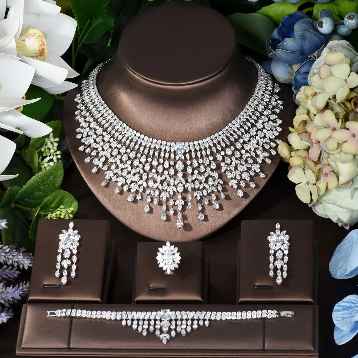 HIBRIDE Luxury Crystal Necklace 4 Piece Jewelry Sets For Women Wedding Cubic Zircon CZ Africa Dubai Bridal Accessories N-1505