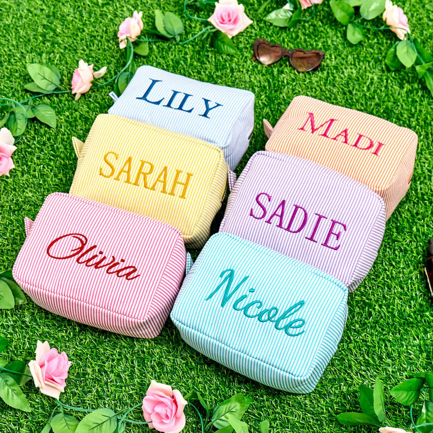 Personalized Striped Makeup Bag Custom Name Embroidery Cosmetic Pouch Travel Toiletry Organizer Gift for Women Girls Bridesmaid