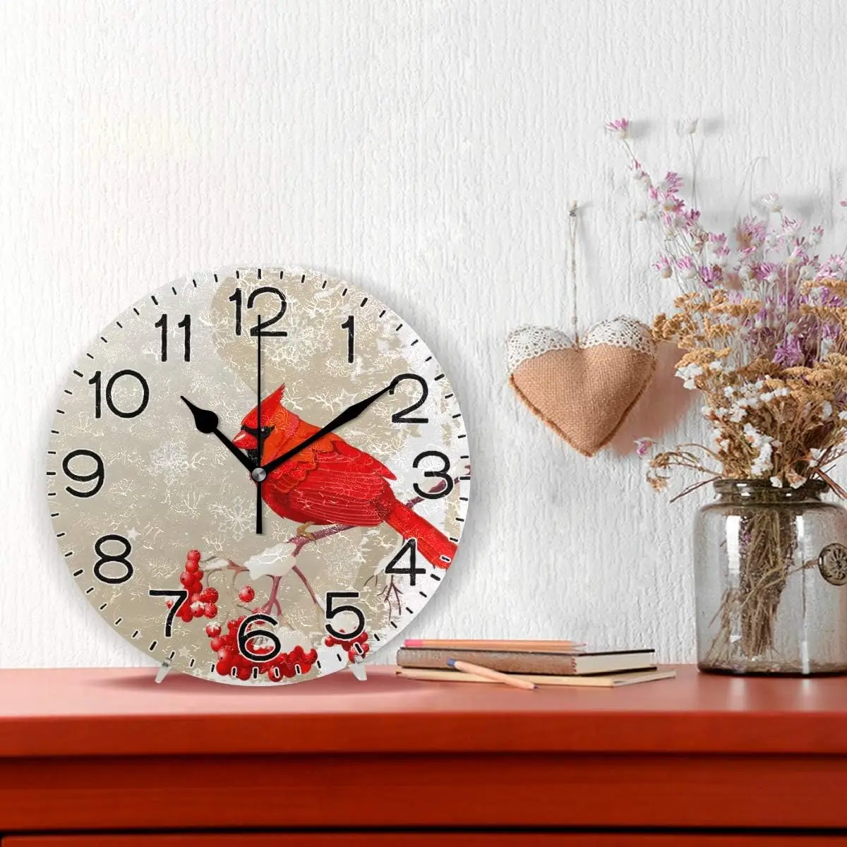 Red Cardinal Bird Snowflake Wall Clock Battery Operated Non Ticking Silent Quartz Analog Rustic Farmhouse Round Clock Retro Deco