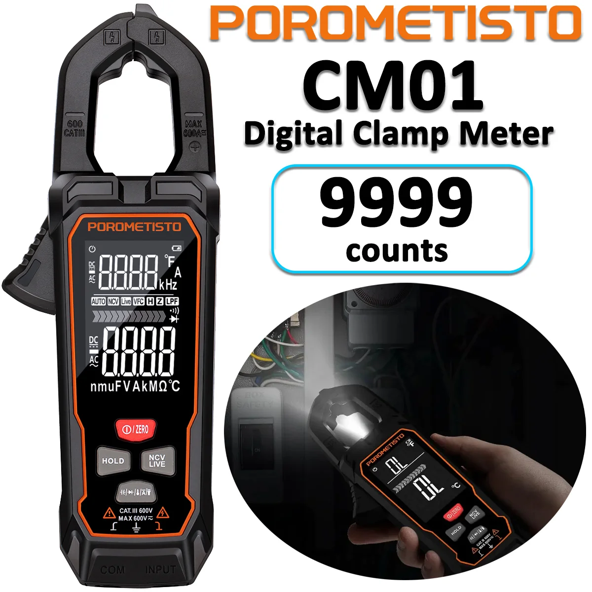 POROMETISTO CM01/CM01SE Digital Clamp Meter 9999 Counts AC Voltage Current Clamp True RMS Temp Capacitance Ohm Ammeter Plier