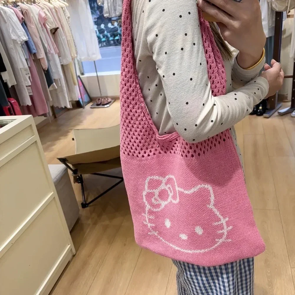 2024  Hello Kitty Knitted Shoulder Bag Anime Kawaii Black Pink Underarm Bag Cute Cartoon Embroidered Mesh Bag for Girls