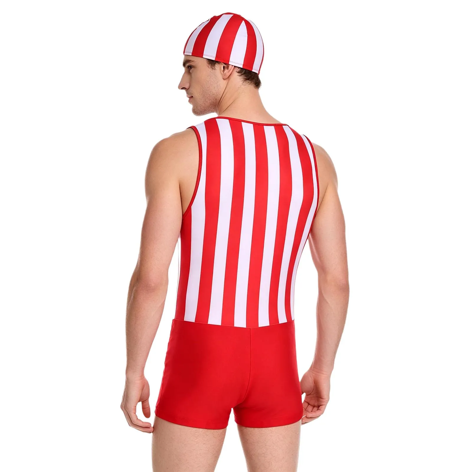 Mens Quick-dry Swimwear Bodysuit with Swim Cap Swim Leotard Sleeveless Striped One Piece Bathing Suit for Surfing Beach Pool