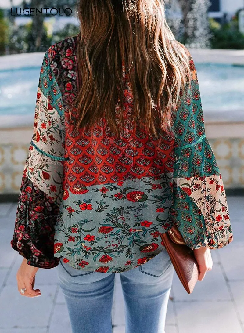 Bohemian Shirt Women Chiffon Casual Loose Top Long Sleeve Summer Female Round Neck Print Thin Pullover Blouses