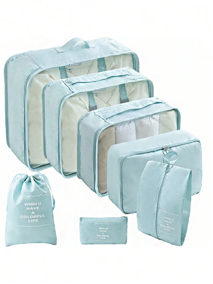 9pcs Travel Packing Cubes Set With Letter Graphic Light Blue Clothes Organizer For Suitcase